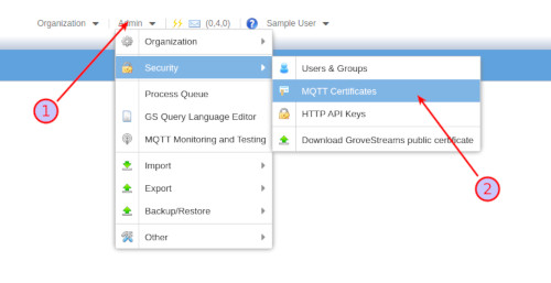 GroveStreams - MQTT Certificate Menu